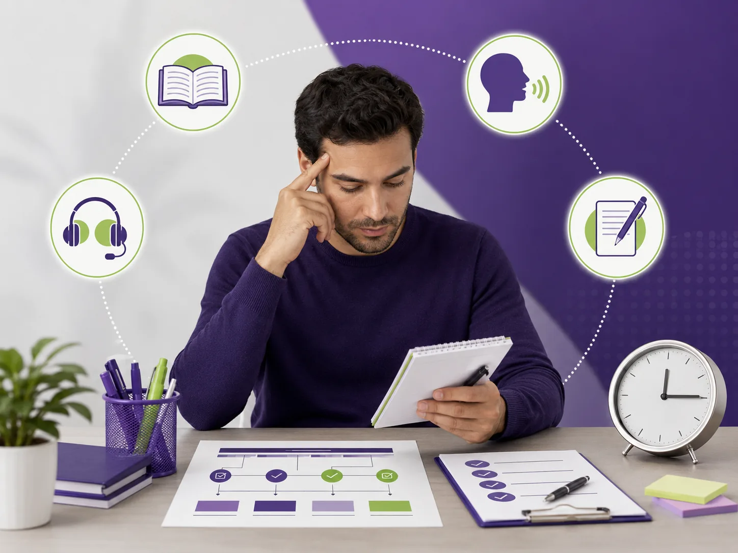 Candidate qui gère son temps avec un planning, des notes et une horloge.