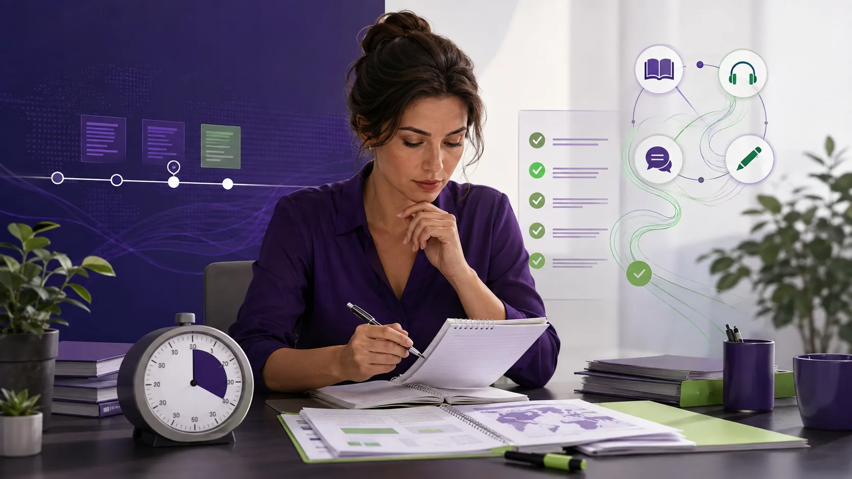 Candidate qui gère son temps avec un planning, des notes et une horloge.