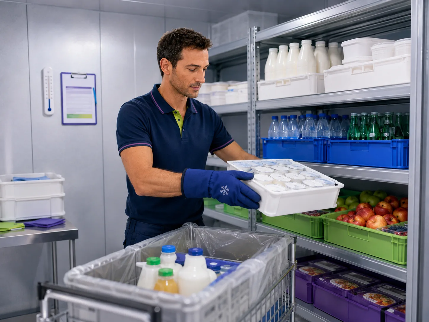 Rangement de produits alimentaires dans une chambre froide.